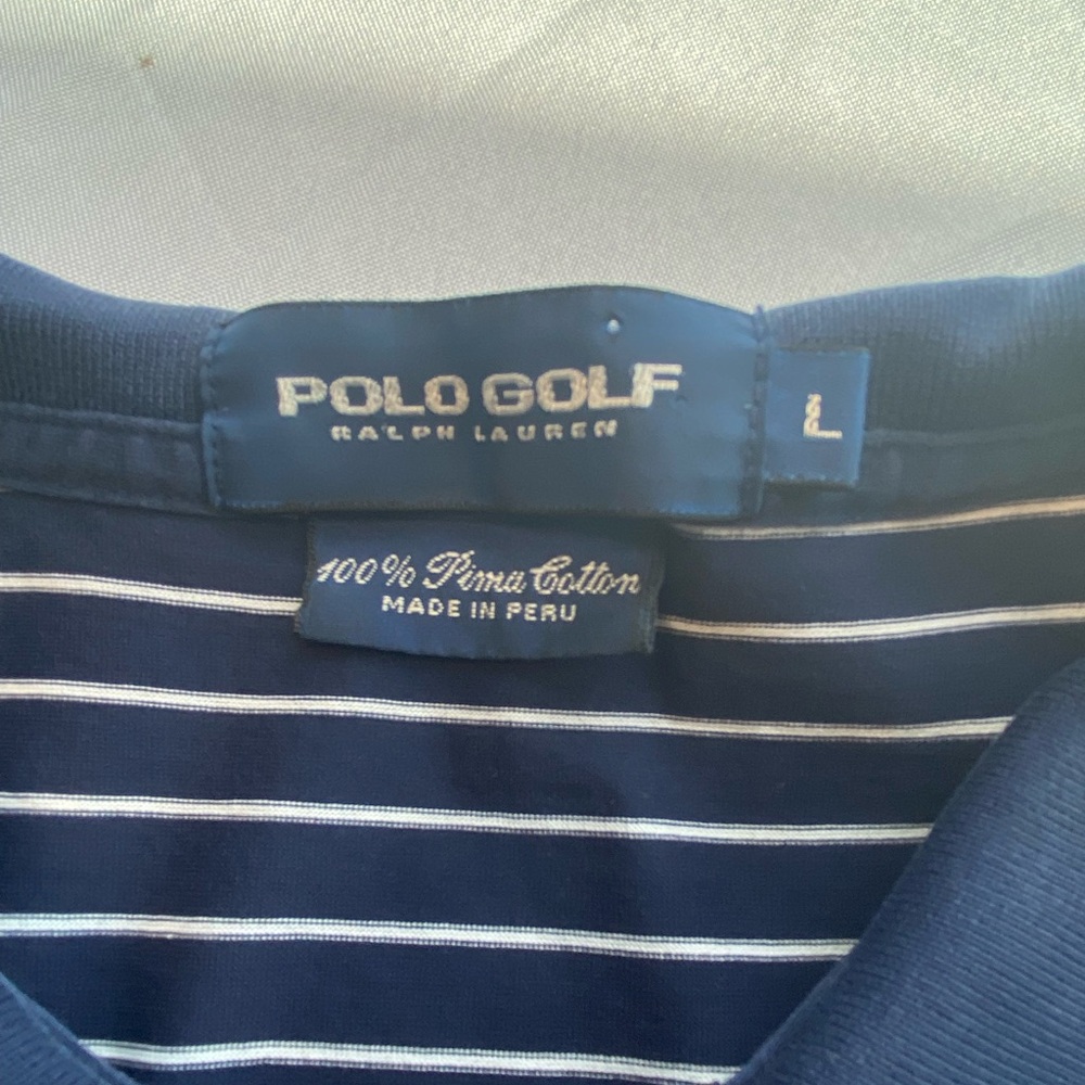 Polo Golf Ralph Lauren Shirt Large Navy Blue White Striped Pima Cotton Pony Logo